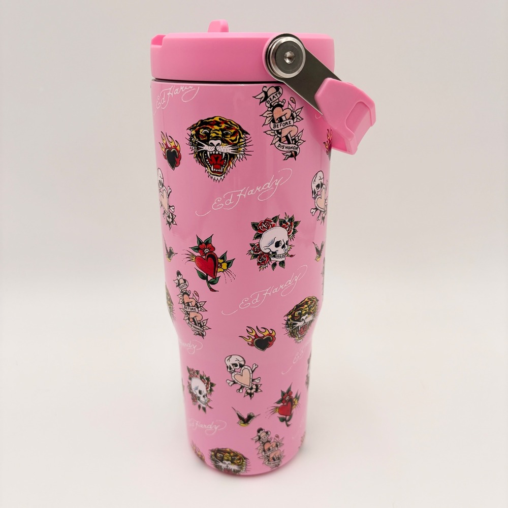 Mad Engine 32oz Ed Hardy Pink Tattoo Flash Art Insulated Tumbler Travel Mug